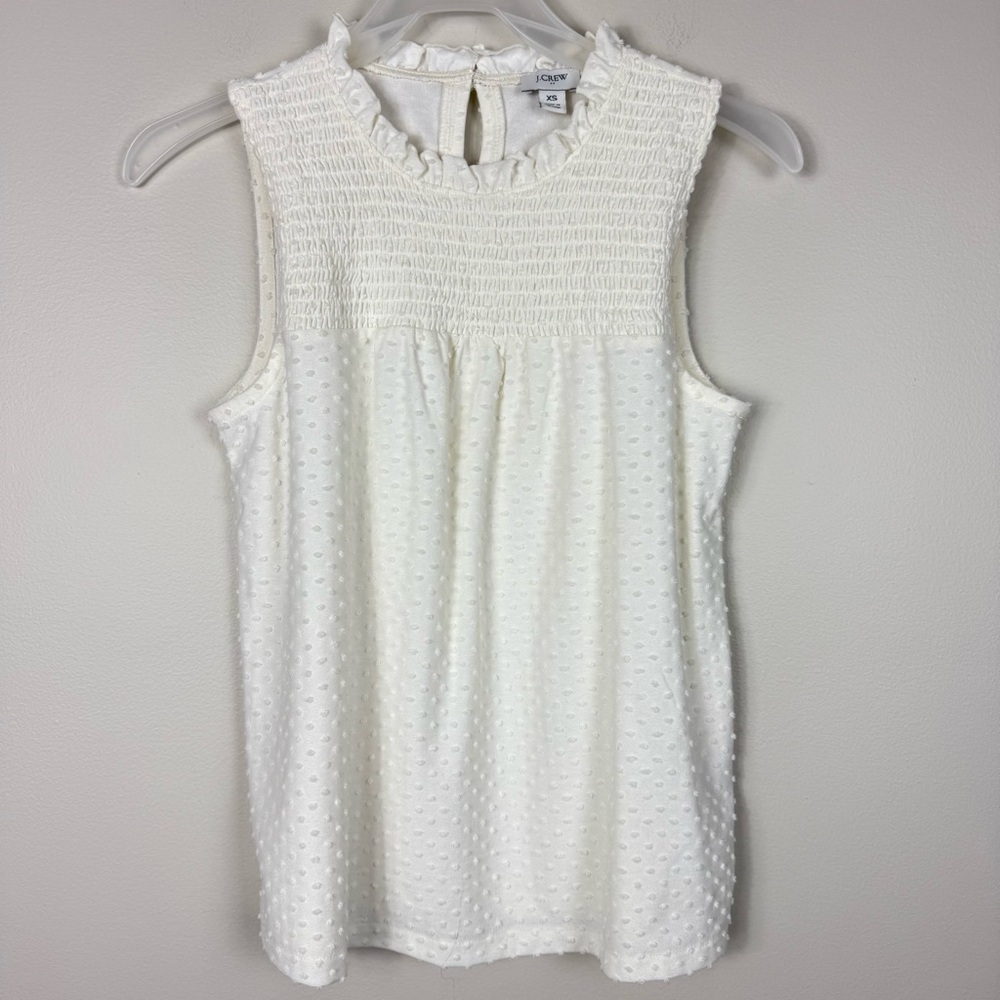 J Crew Smocked Top Clip-Dot Tank Womens XS Off White Cream Sleeveless Ruffle